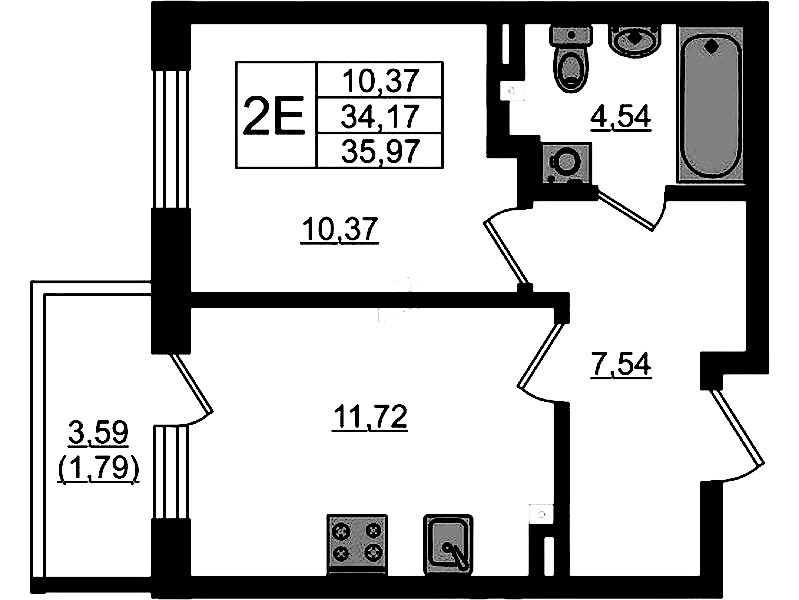 1-комнатная квартира 35.97 м², 2/4 эт., ЖК «Новая история»